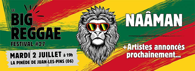 Affiche du Big Reggae Festival avec les couleurs de la Jamaïque et la tête d'un lion au centre