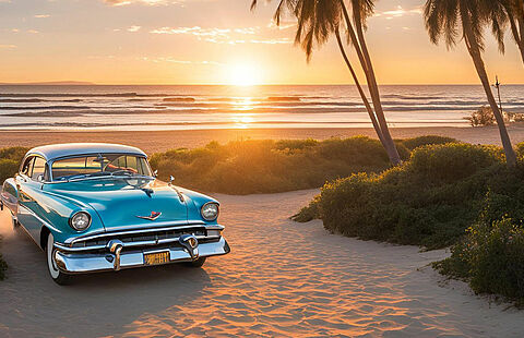 Voiture americaine bleue des années 50 sur la plage avec des palmiers en fond