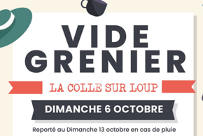 Affiche du vide greniers de la Colle-sur-Loup du 6 octobre avec des desseins de vetements, chaussures, chaises..