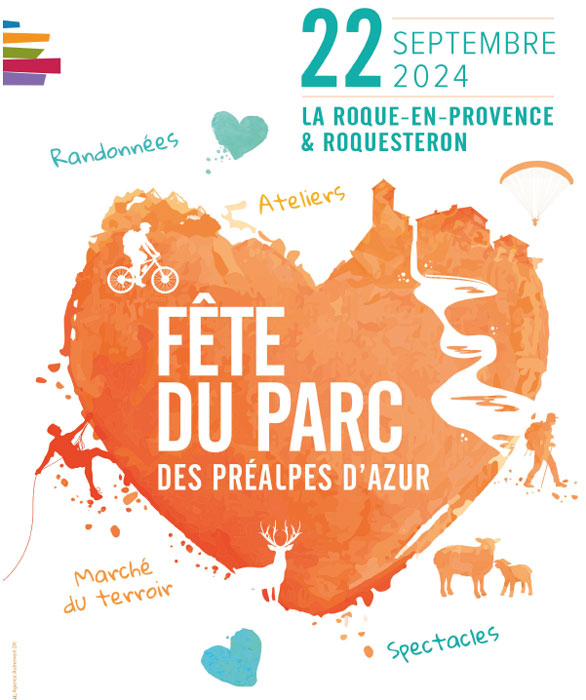 Affiche représentant un coeur avec des animaux des grimpeurs, des marcheurs, des personnes en vtt